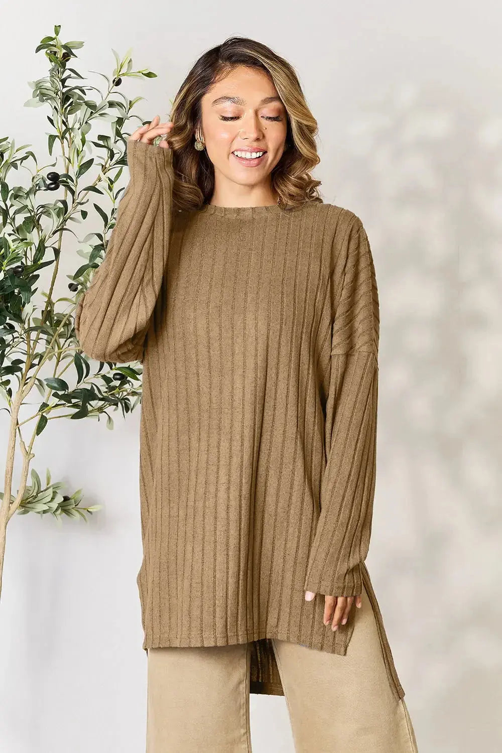 Basic Bae Full Size Ribbed Round Neck Long Sleeve Slit Top - Love Salve